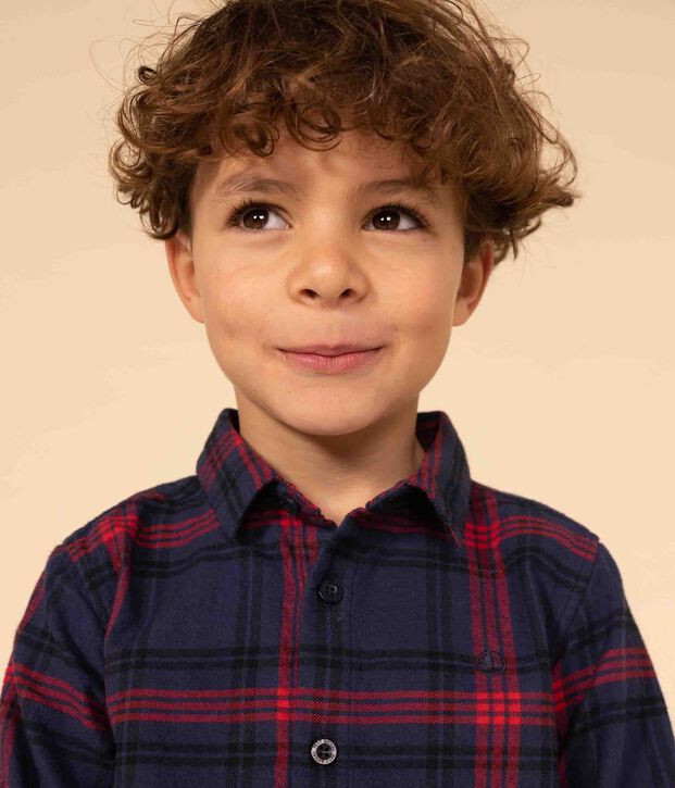 Boys' checked cotton flannel shirt blue/multicolor
