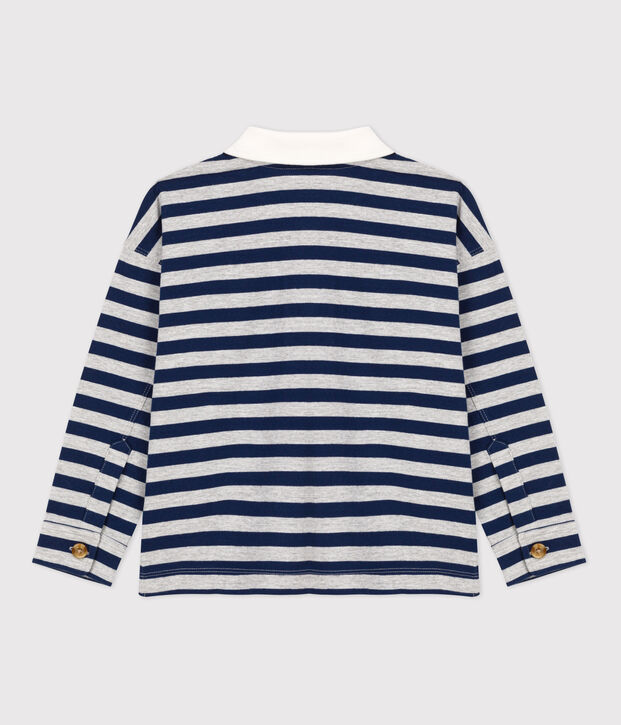 Boys' Stripy Long-Sleeved Cotton Polo Shirt blue/grey