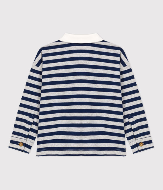 Boys' Stripy Long-Sleeved Cotton Polo Shirt MEDIEVAL blue/FUMEE
