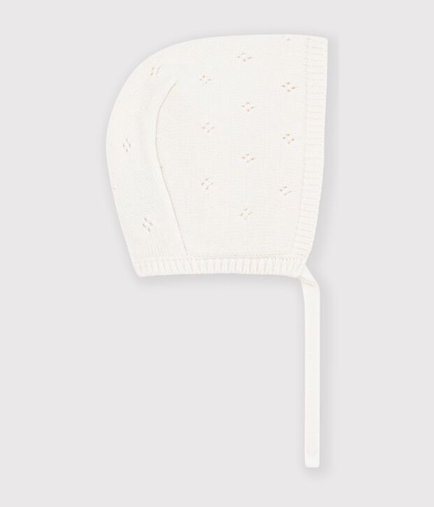 Bonnet b&eacute;b&eacute; en tricot ajour&eacute;e white
