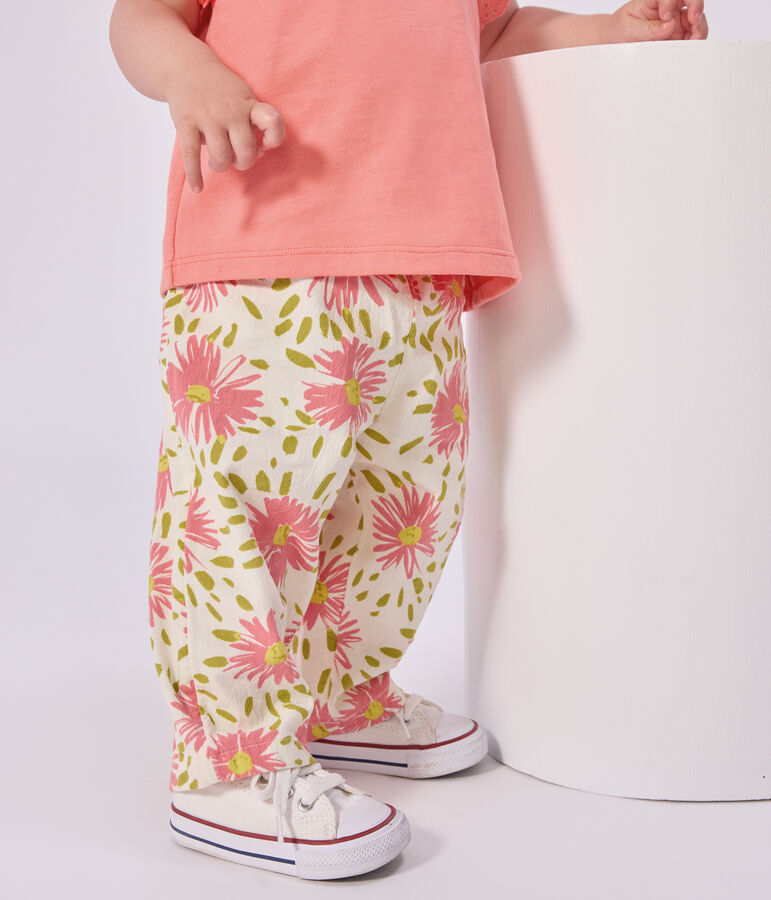 Babies' flower-print cotton trousers white/multicolor