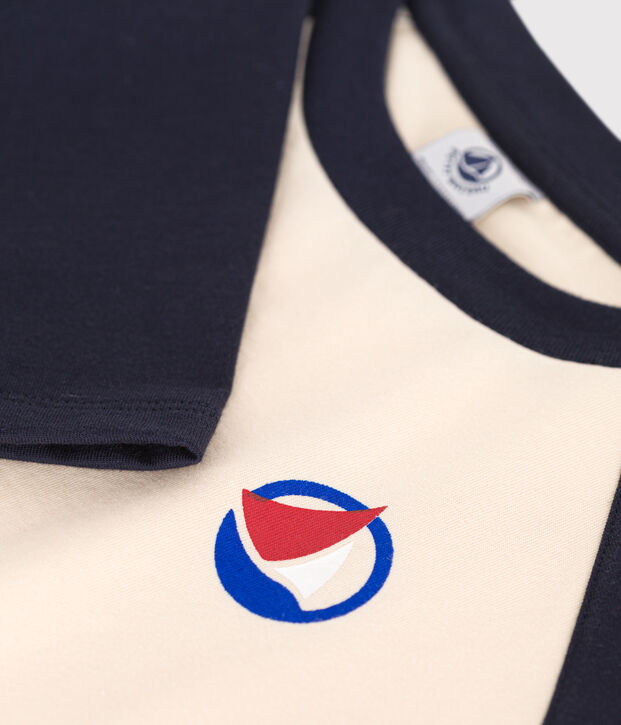 Little boys' long-sleeved fine jersey T-shirt Ecru/blue