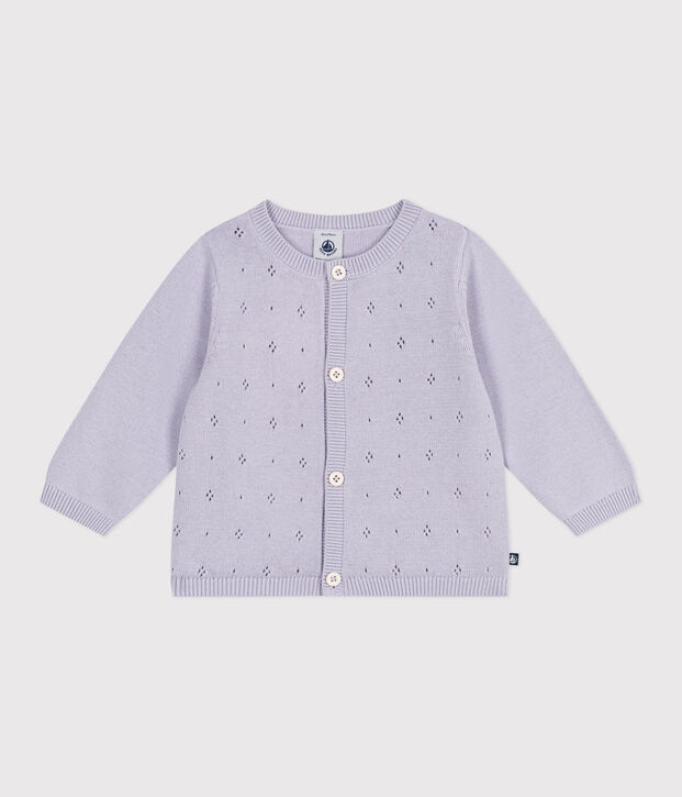 Babies' plain knitted cotton cardigan purple