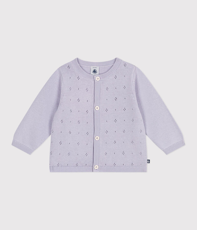 Babies' plain knitted cotton cardigan purple