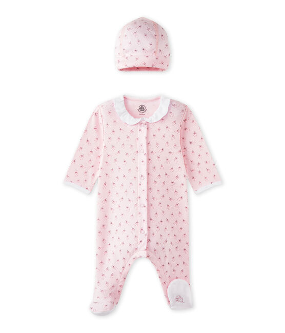Baby girls' sleepsuit and its newborn hat VIENNE pink/MULTICO white