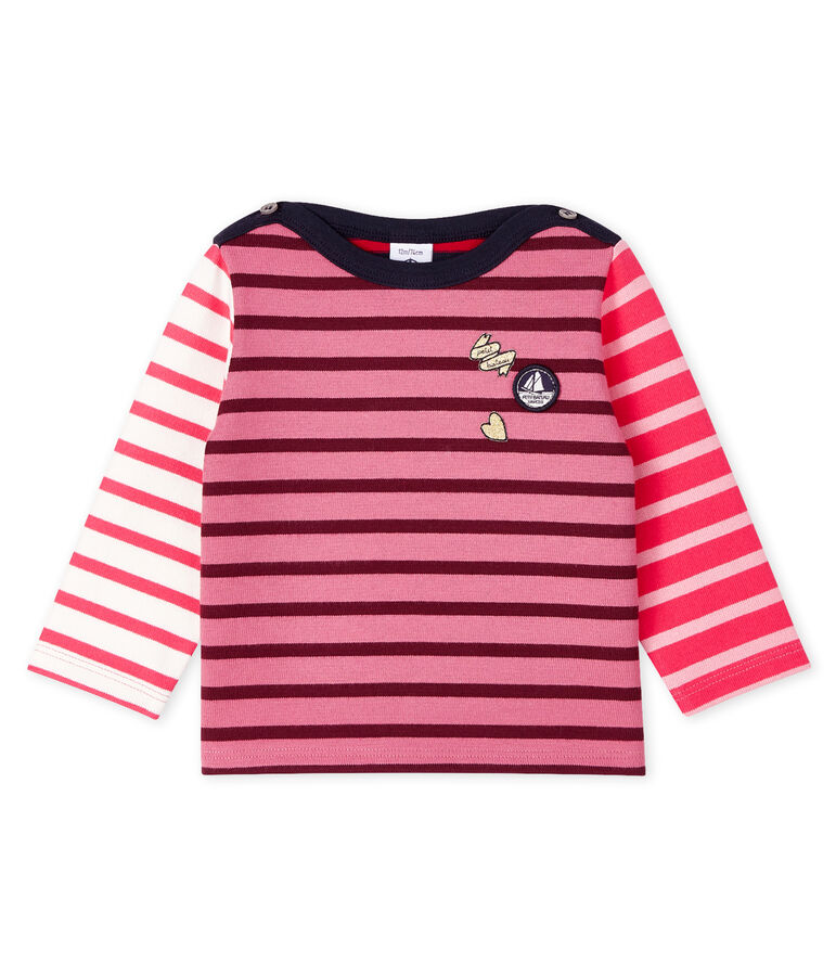 Upcycled baby girls' long-sleeved Breton top pink/multicolor