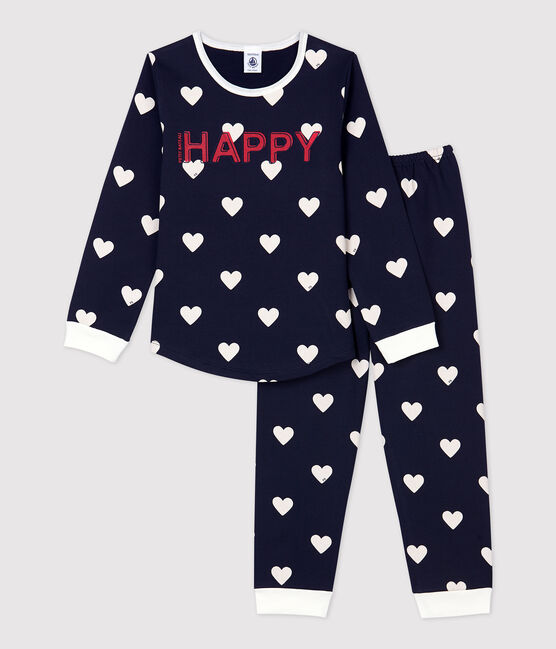 Girls' Heart Print Fleece Pyjamas SMOKING blue/MARSHMALLOW white