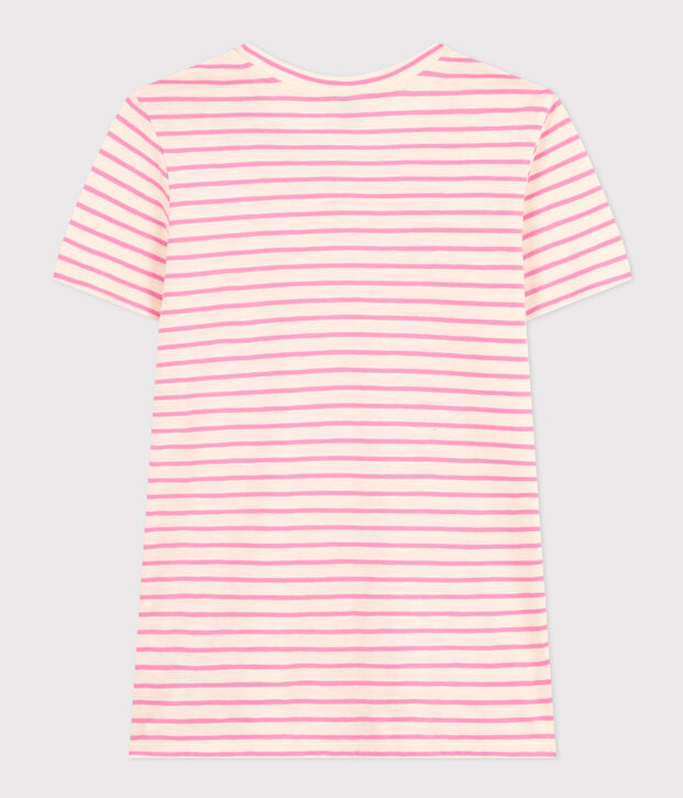 Women's Straight Round-Neck Cotton T-Shirt Ecru/pink