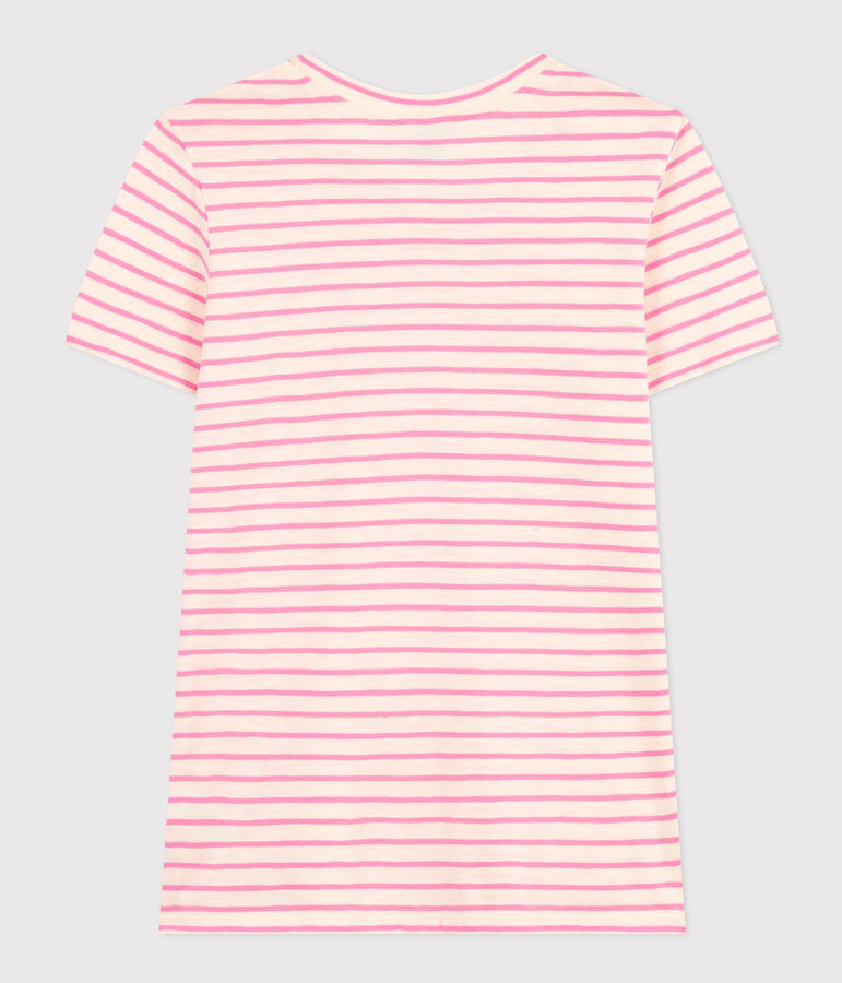 Women's Straight Round-Neck Cotton T-Shirt Ecru/pink
