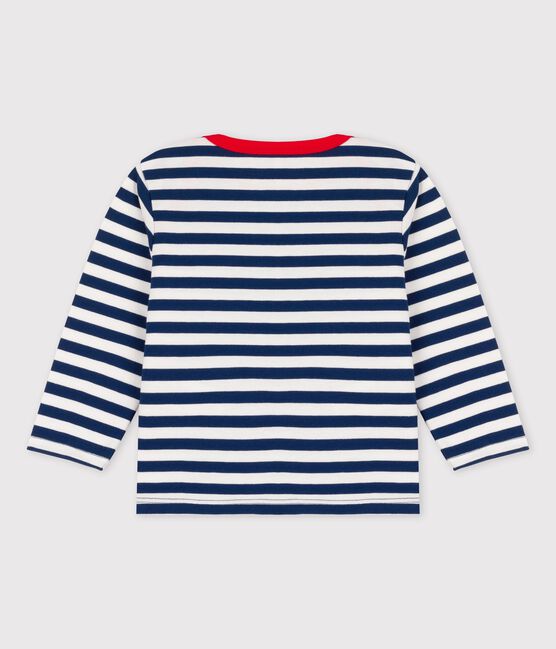 Babies' Striped Jersey Long-Sleeved T-Shirt MEDIEVAL blue/MARSHMALLOW white