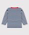 Babies' Striped Jersey Long-Sleeved T-Shirt MEDIEVAL blue/MARSHMALLOW white