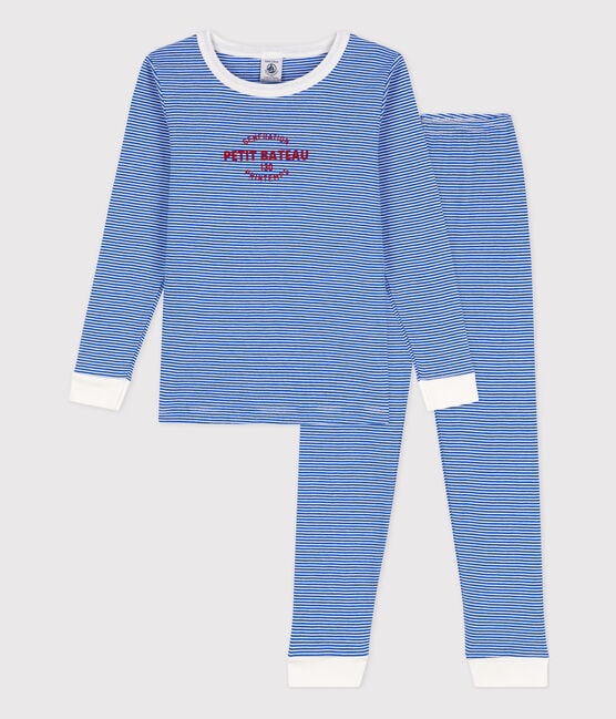 Children's Unisex Stripy Snugfit Cotton Pyjamas PERSE blue/MARSHMALLOW white