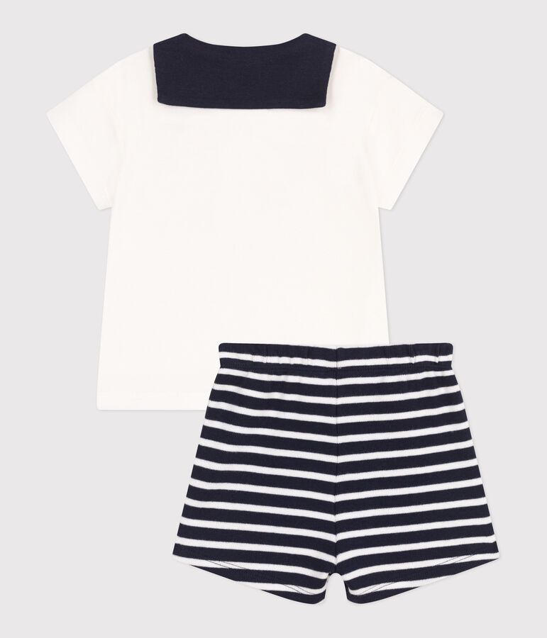 Babies' two-piece cotton set including a T-shirt with a sailor collar blue/white