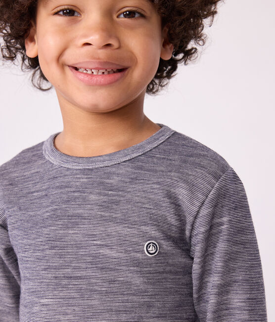 Children's long-sleeved stripy wool and cotton T-shirt SOIR blue/MARSHMALLOW