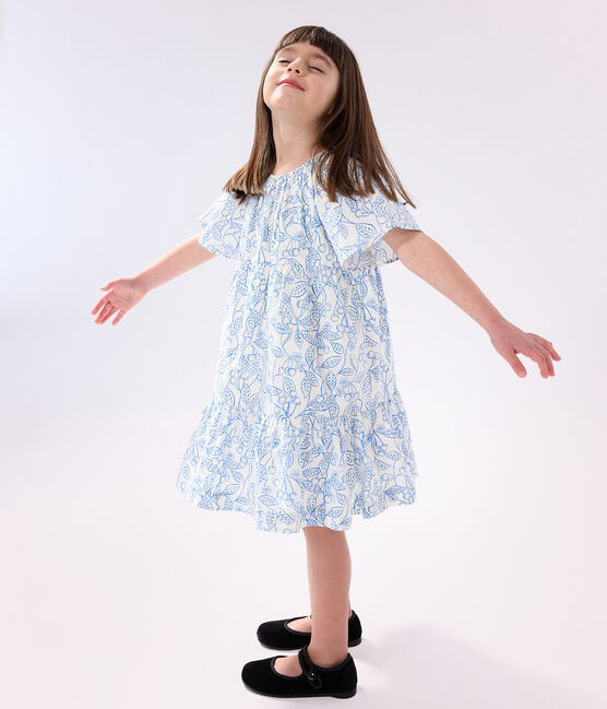 Children's dress in printed cotton with short sleeves MARSHMALLOW blue/PORCELANA
