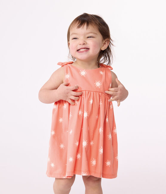 Babies' sleeveless sunshine print cotton dress ABRICOT orange/MARSHMALLOW