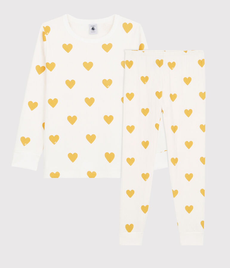 Unisex Graphic Yellow Heart Print Organic Cotton Tube Knit Pyjamas white/yellow