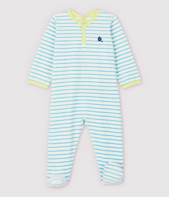 Babies' Blue Striped Velour Sleepsuit MARSHMALLOW white/TIKI blue