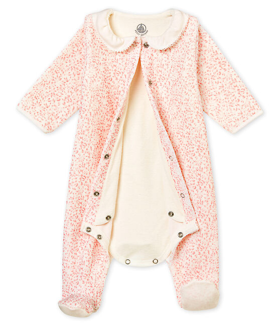 Baby girl's Bodyjama in print cotton velour MARSHMALLOW white/JOLI pink