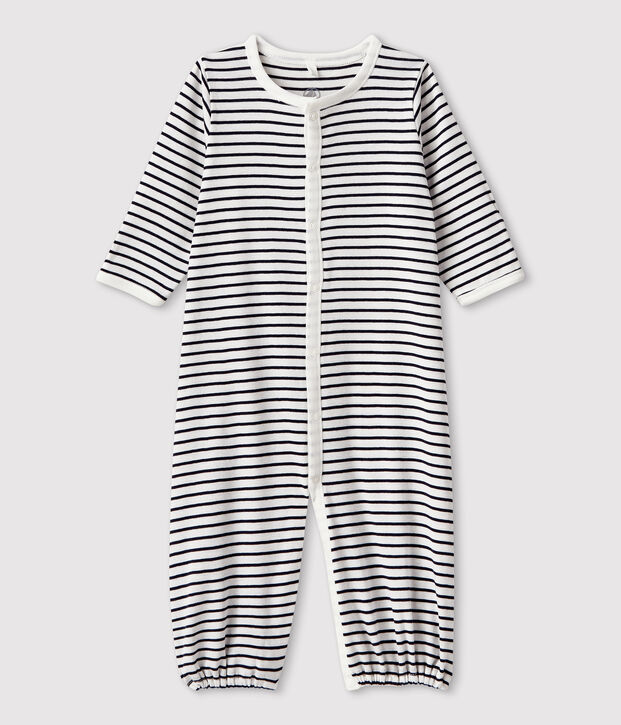Babies' Stripy Organic Cotton Jumpsuit/Sleeping Bag white/blue