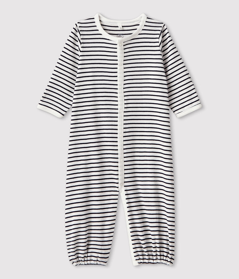 Babies' Stripy Organic Cotton Jumpsuit/Sleeping Bag white/blue