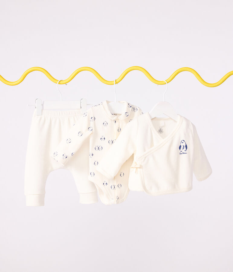 Babies' 3-piece set with a penguin print wrap-around top and a body Ecru