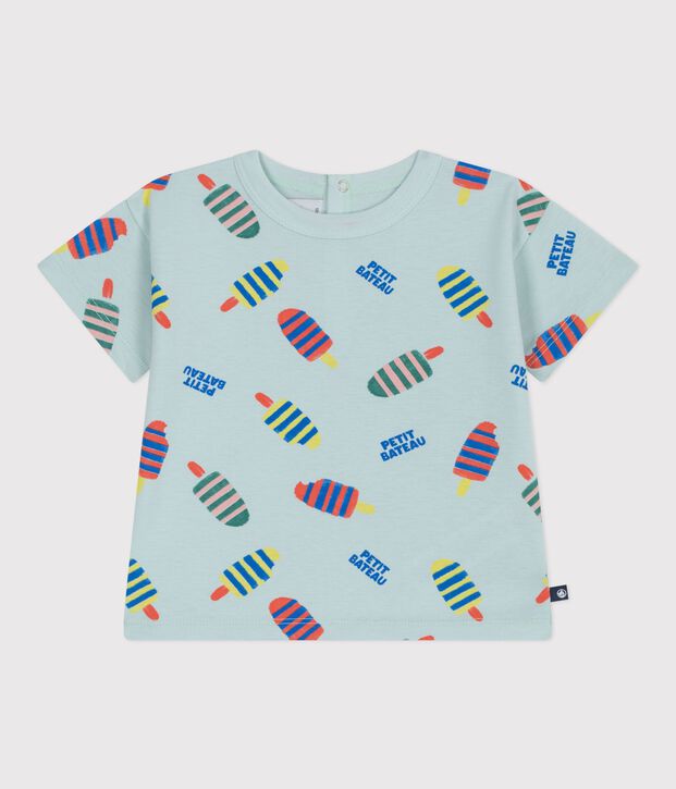 Babies' short-sleeved seagull-print cotton T-shirt blue/multicolor