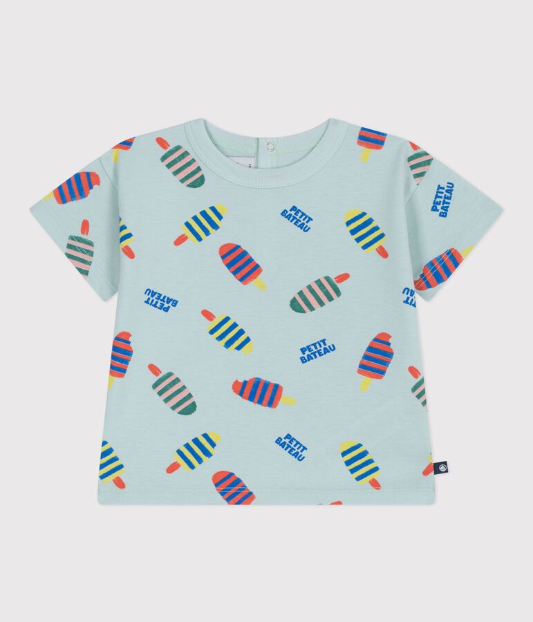 Babies' short-sleeved seagull-print cotton T-shirt blue/multicolor
