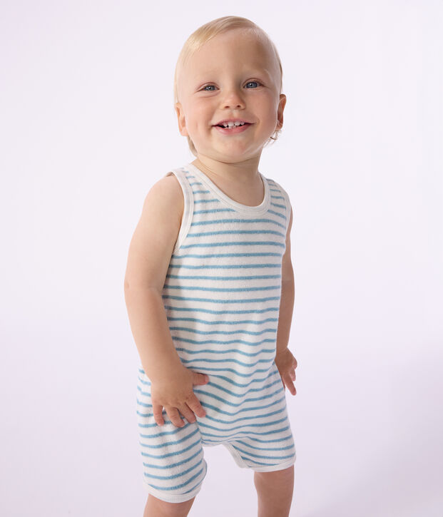 Babies' sleeveless short jumpsuit in stripy cotton terry towelling white/green