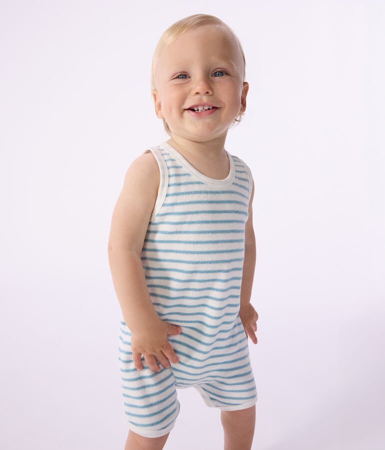 Babies' sleeveless short jumpsuit in stripy cotton terry towelling MARSHMALLOW /MIMI