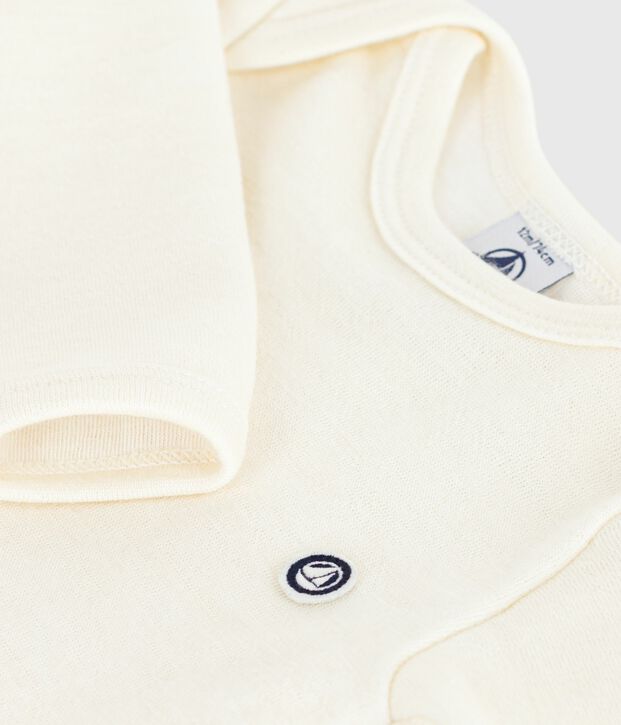Babies' long-sleeved body in wool and cotton beige