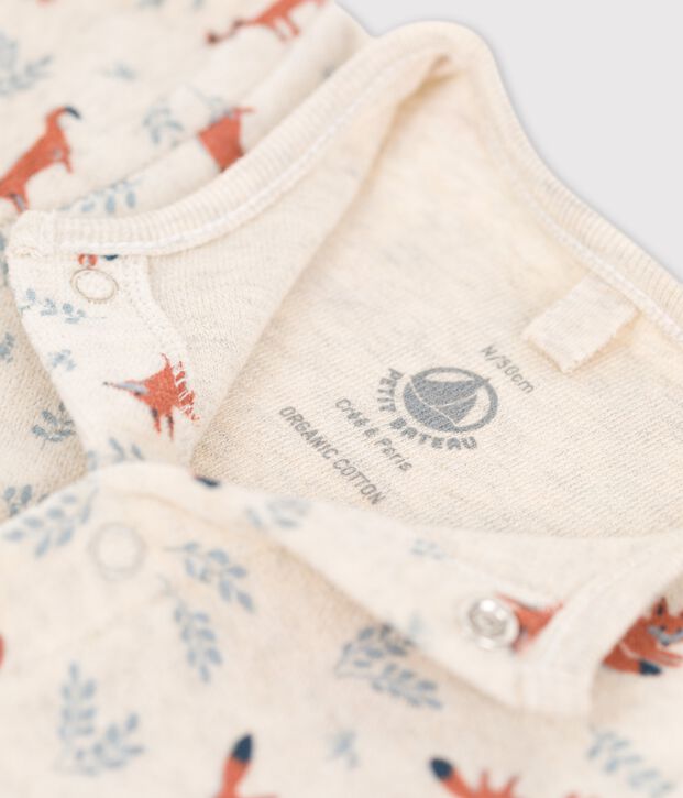 Organic printed velvet baby sleepsuit beige/white