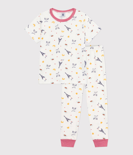 Children's printed cotton pyjamas with short sleeves and long legs MARSHMALLOW white/MULTICO white
