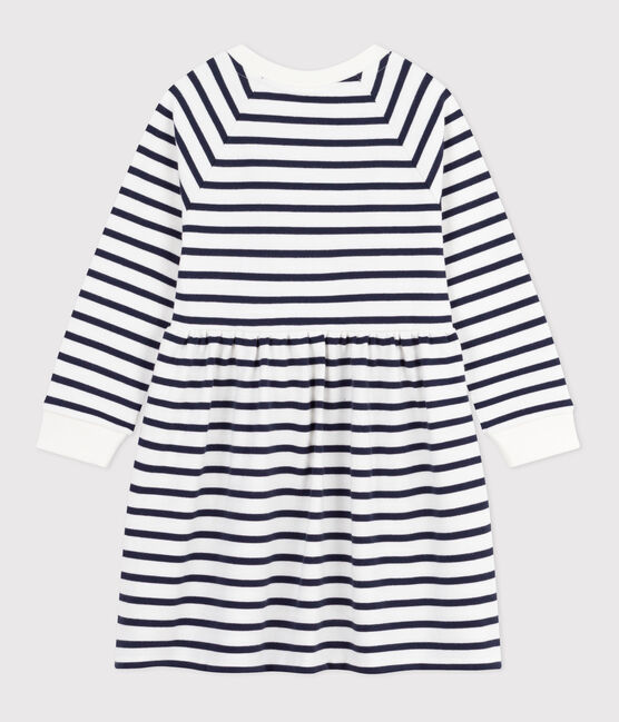 Children's long-sleeved stripy cotton dress MARSHMALLOW white/SMOKING blue