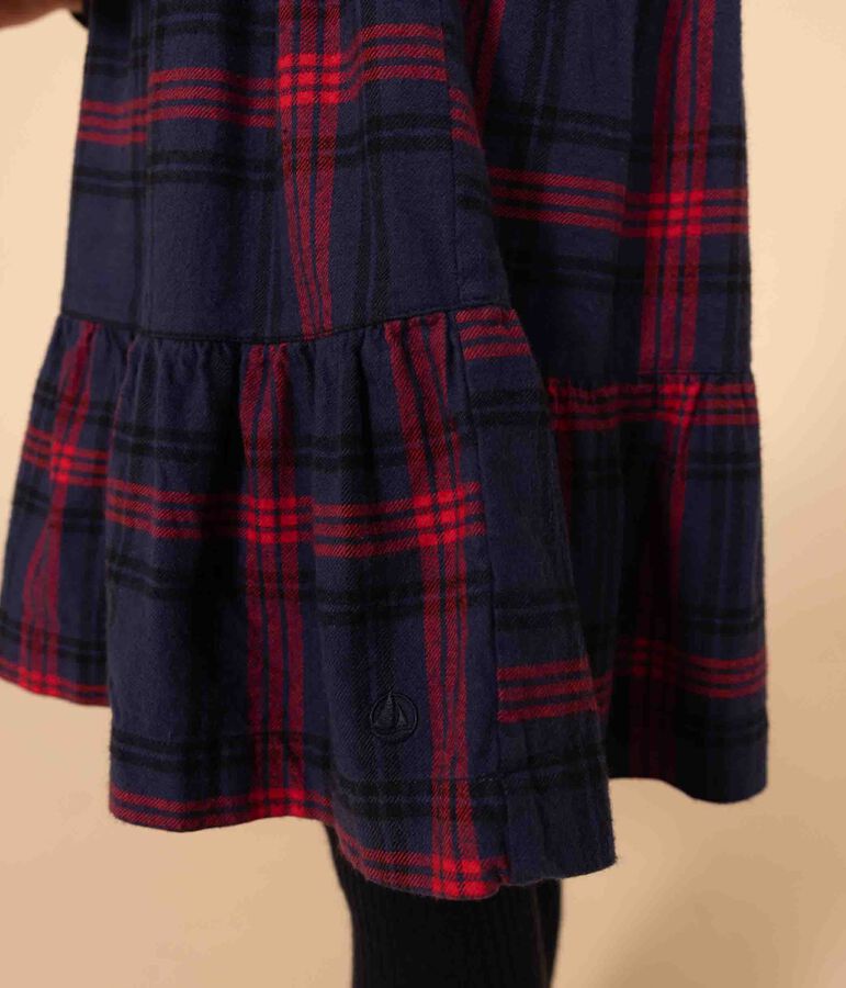 Girls' long-sleeved checked dress in checked cotton flannel blue/multicolor