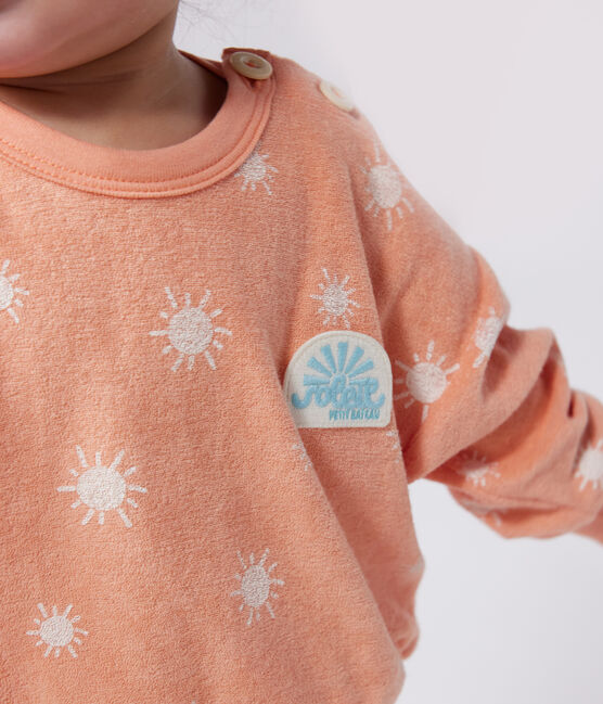 Babies' sun print cotton terry sweatshirt ABRICOT orange/MARSHMALLOW