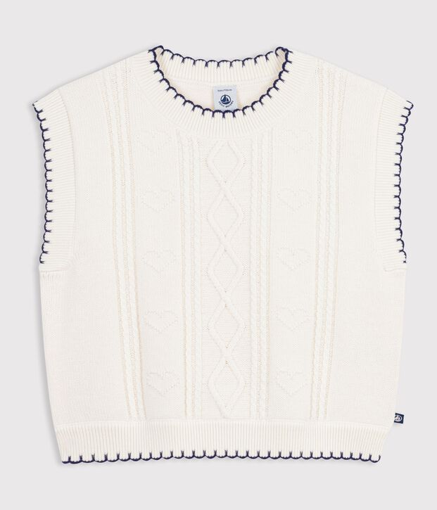 Children's sleeveless wool and cotton cable-knit jumper white