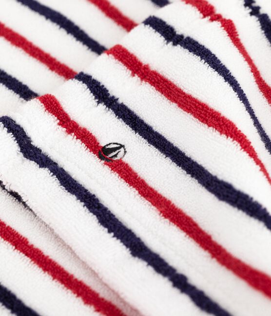 Babies' stripy printed terry towelling bath cape MARSHMALLOW white/MULTICO white