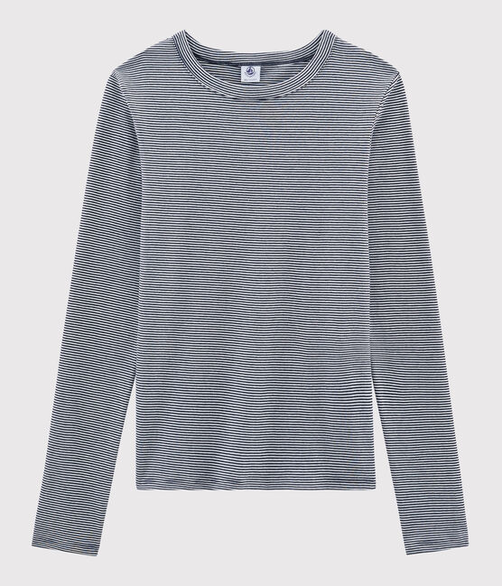 Women's Iconic Round-Neck Striped Cotton T-Shirt SMOKING blue/MARSHMALLOW white