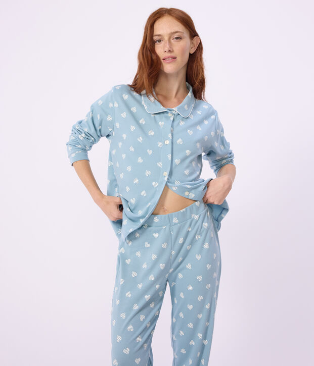 Women's buttoned printed cotton pyjamas green/white