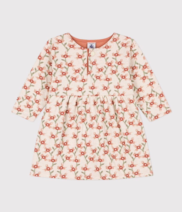 Babies' Long-Sleeved Patterned Quilted Tube Knit Dress Ecru/multicolor