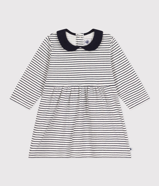 Babies' Long-Sleeved Stripy Tube-Knit Dress MARSHMALLOW white/SMOKING blue