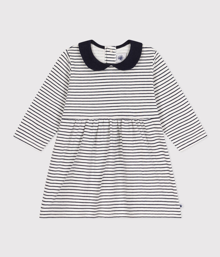 Babies' Long-Sleeved Stripy Tube-Knit Dress white/blue