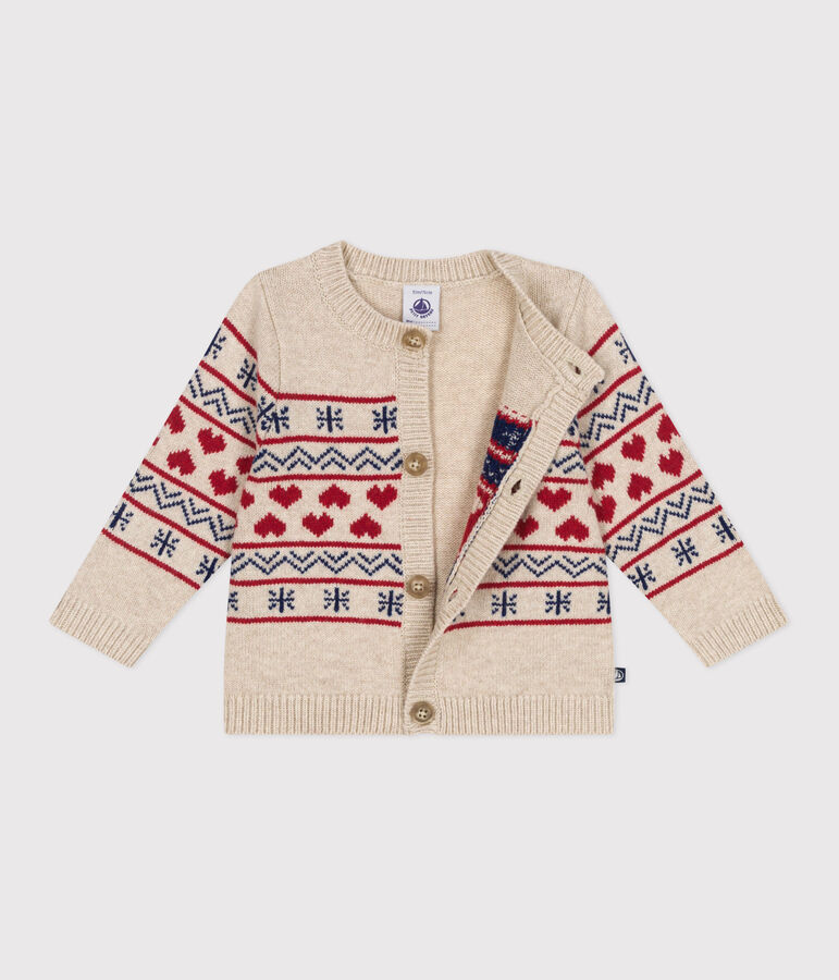 Babies' knitted cardigan with a wool content Ecru/multicolor