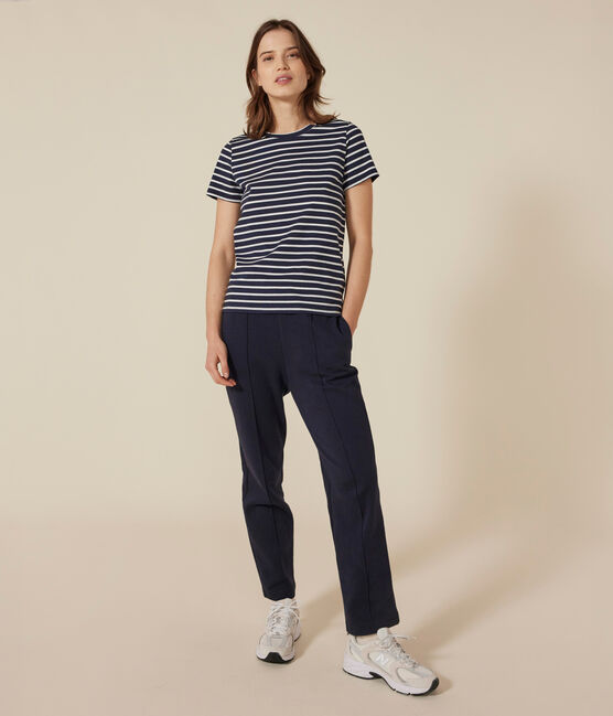 Women's Straight Round-Neck Cotton T-Shirt SMOKING blue/MARSHMALLOW white