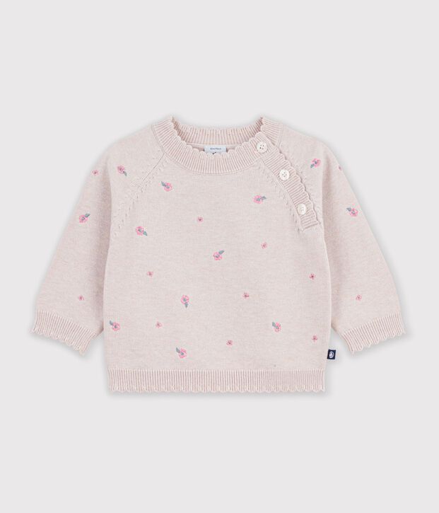 Babies' jumper in wool and cotton with embroidered flowers pink/multicolor