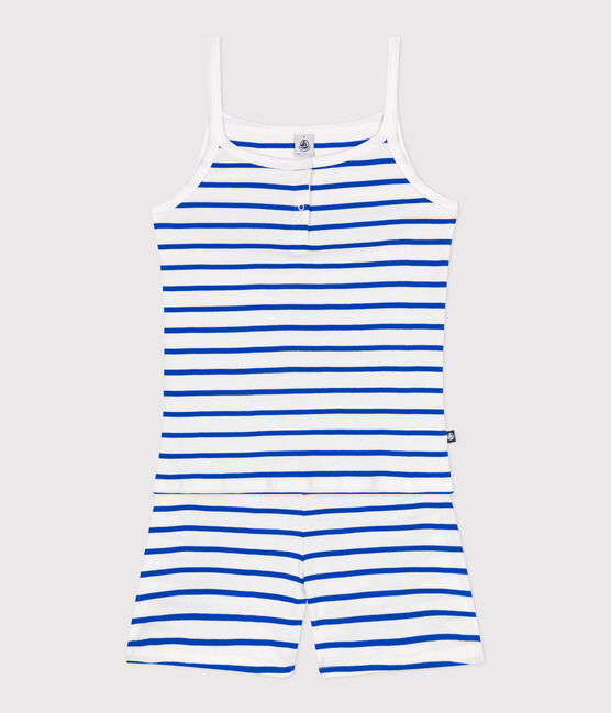 Women's short, stripy, strappy pyjamas MARSHMALLOW white/PERSE blue