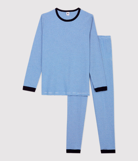 Boys' Pinstriped Cotton Pyjamas RUISSEAU blue/MARSHMALLOW white