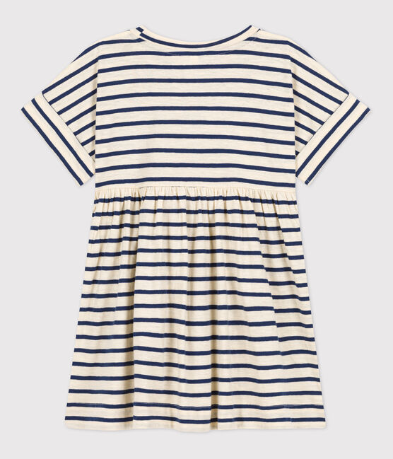 Girls' Stripy Short-Sleeved Cotton Dress AVALANCHE white/MEDIEVAL
