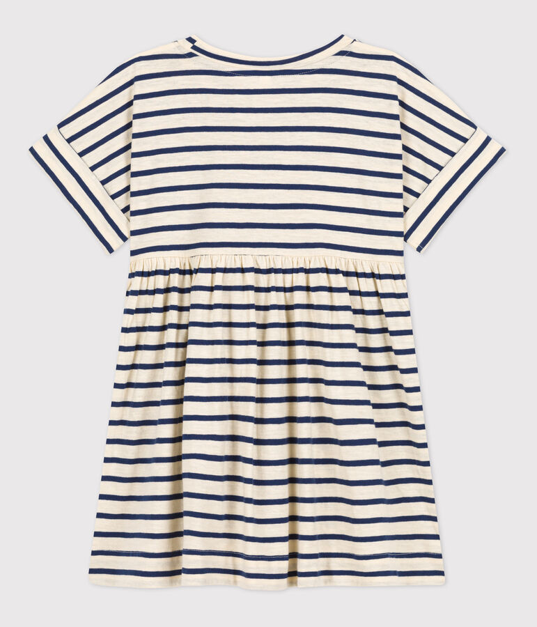 Girls' Stripy Short-Sleeved Cotton Dress Ecru/blue